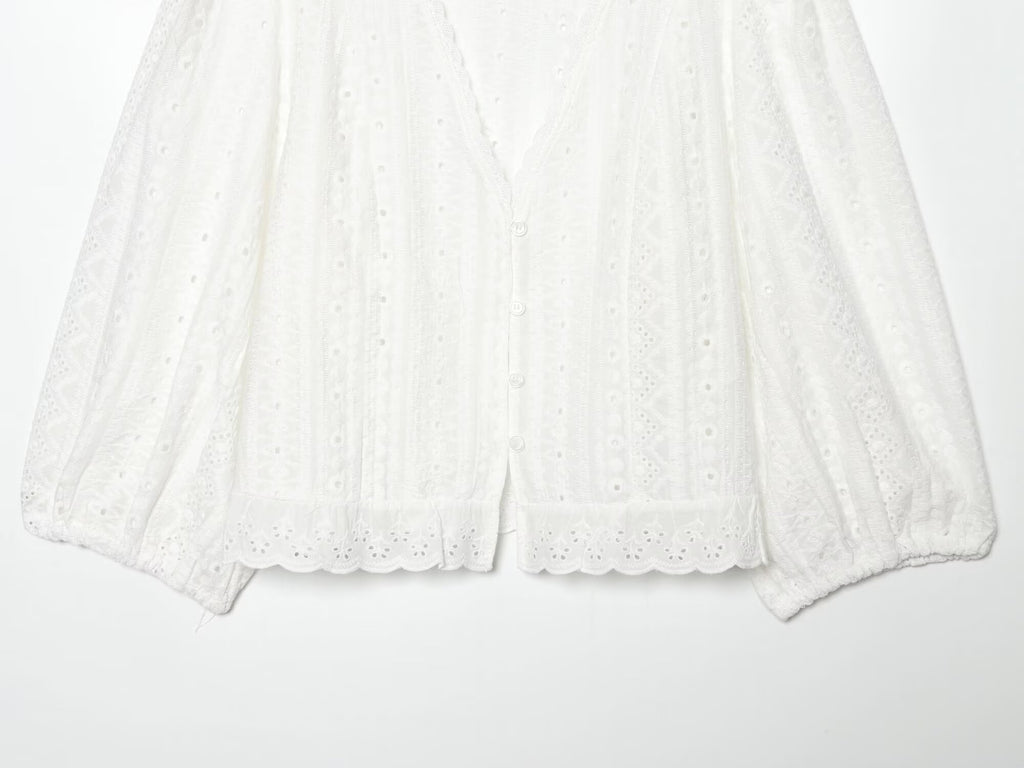 Women's hollowed out embroidered V-neck shirt