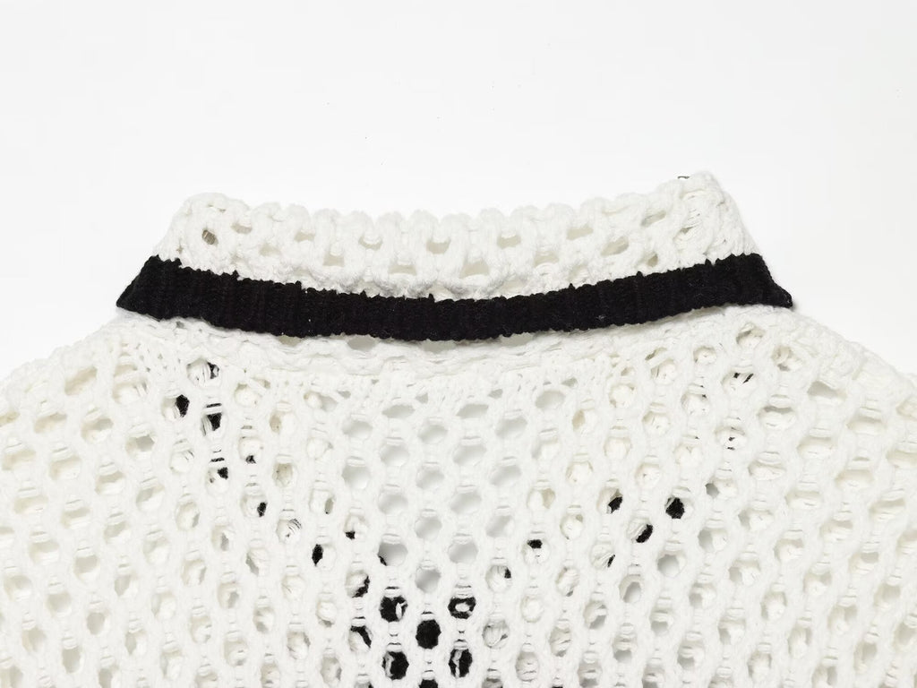 Women's POLO collar hollow knit Coat