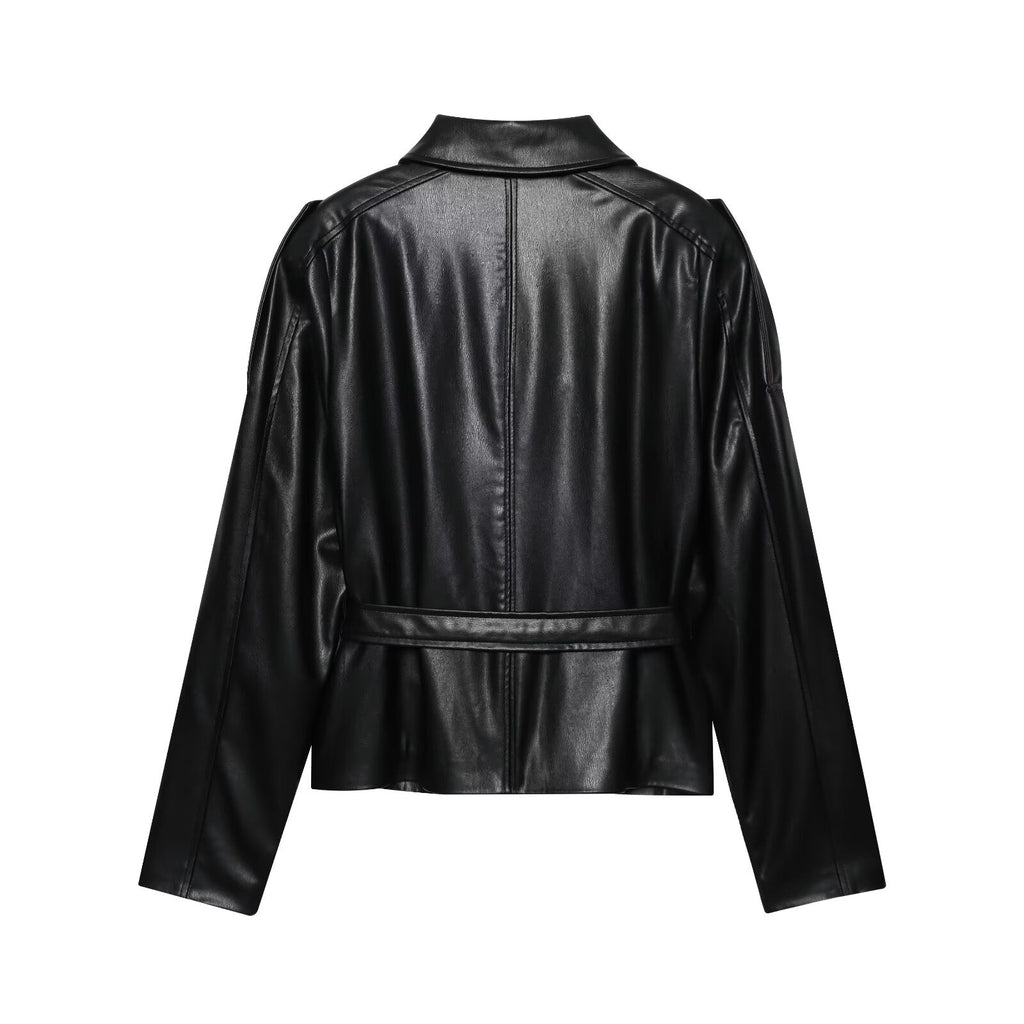 Women's new fashion with Belt black short Faux Leather windbreaker Coat