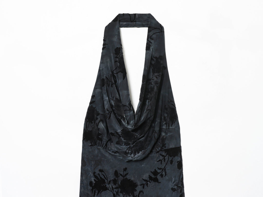 Women's New Flocking Printed Hanging Neck Midi Dress