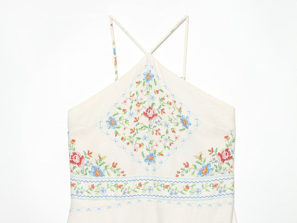 Women's linen blend printed MIDI dress