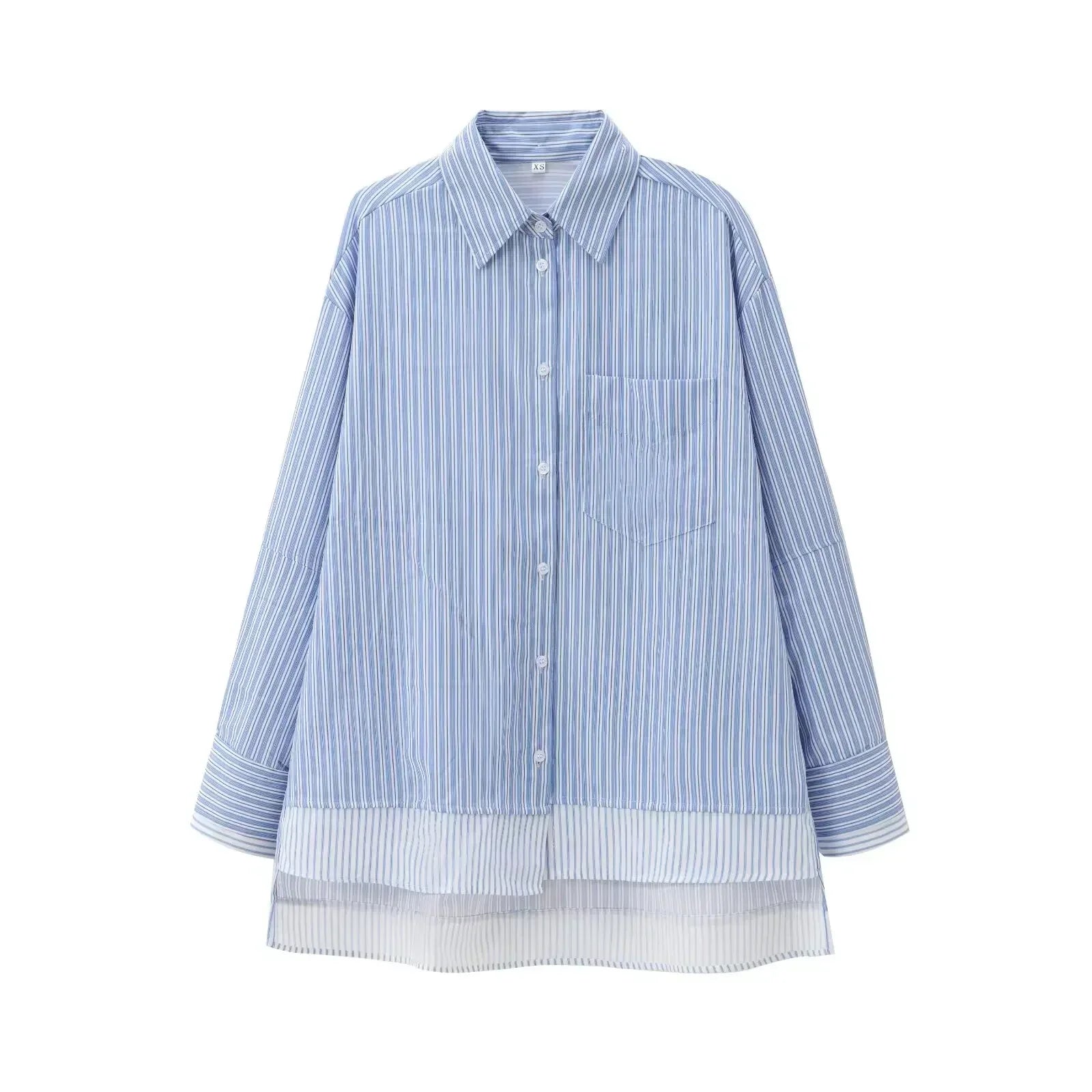 Women's new fashion pocket decoration asymmetrical shirt poplin striped shirt retro long sleeved button up Female shirt chic top