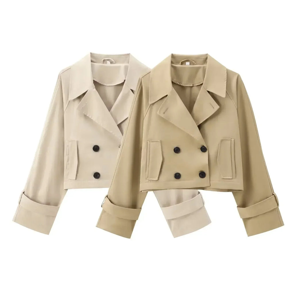 Women's new fashion short windbreaker style casual double breasted jacket coat retro long sleeved pocket women's coat chic top