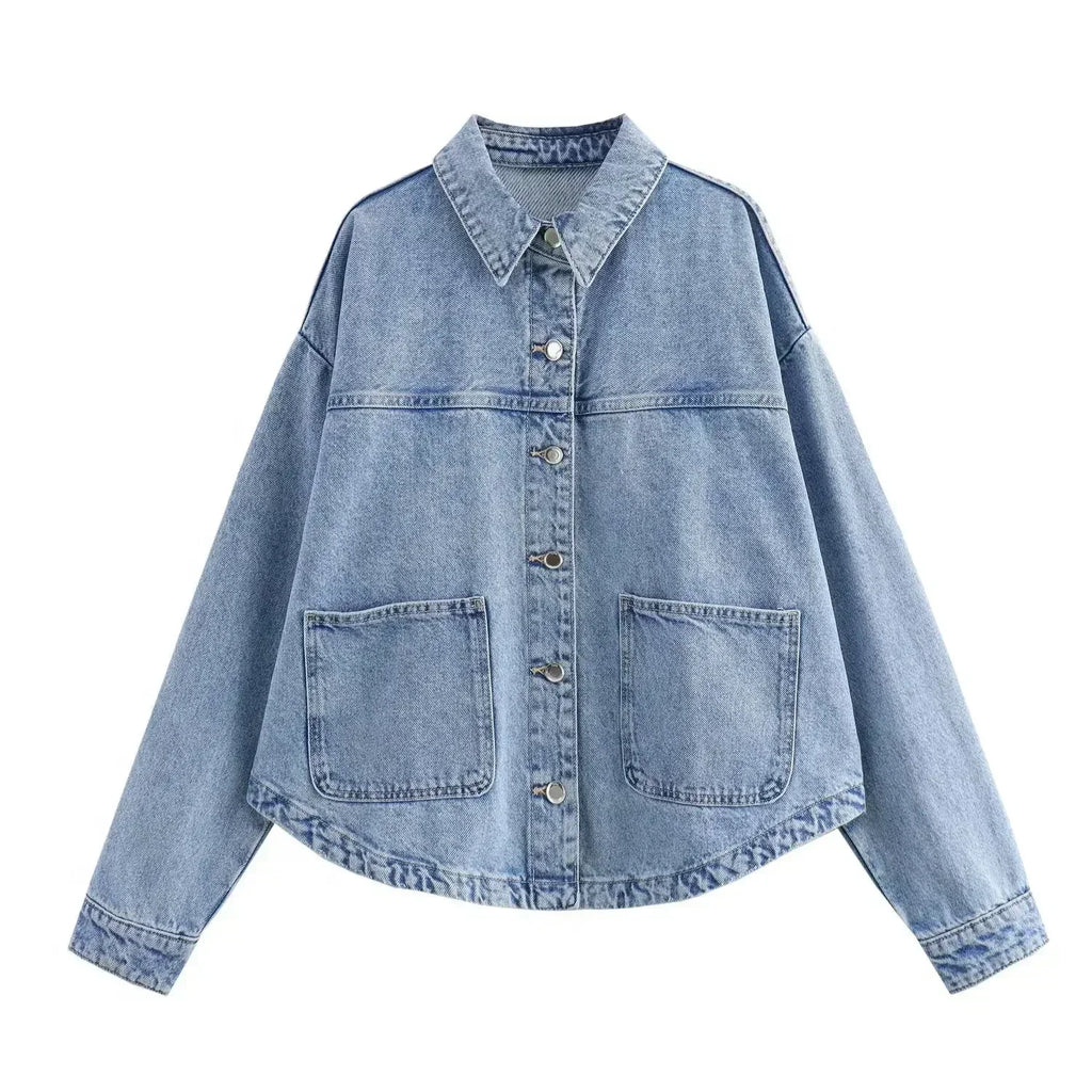 Women's new fashion large pocket decoration loose casual denim jacket coat retro long sleeved Button up women's coat chic
