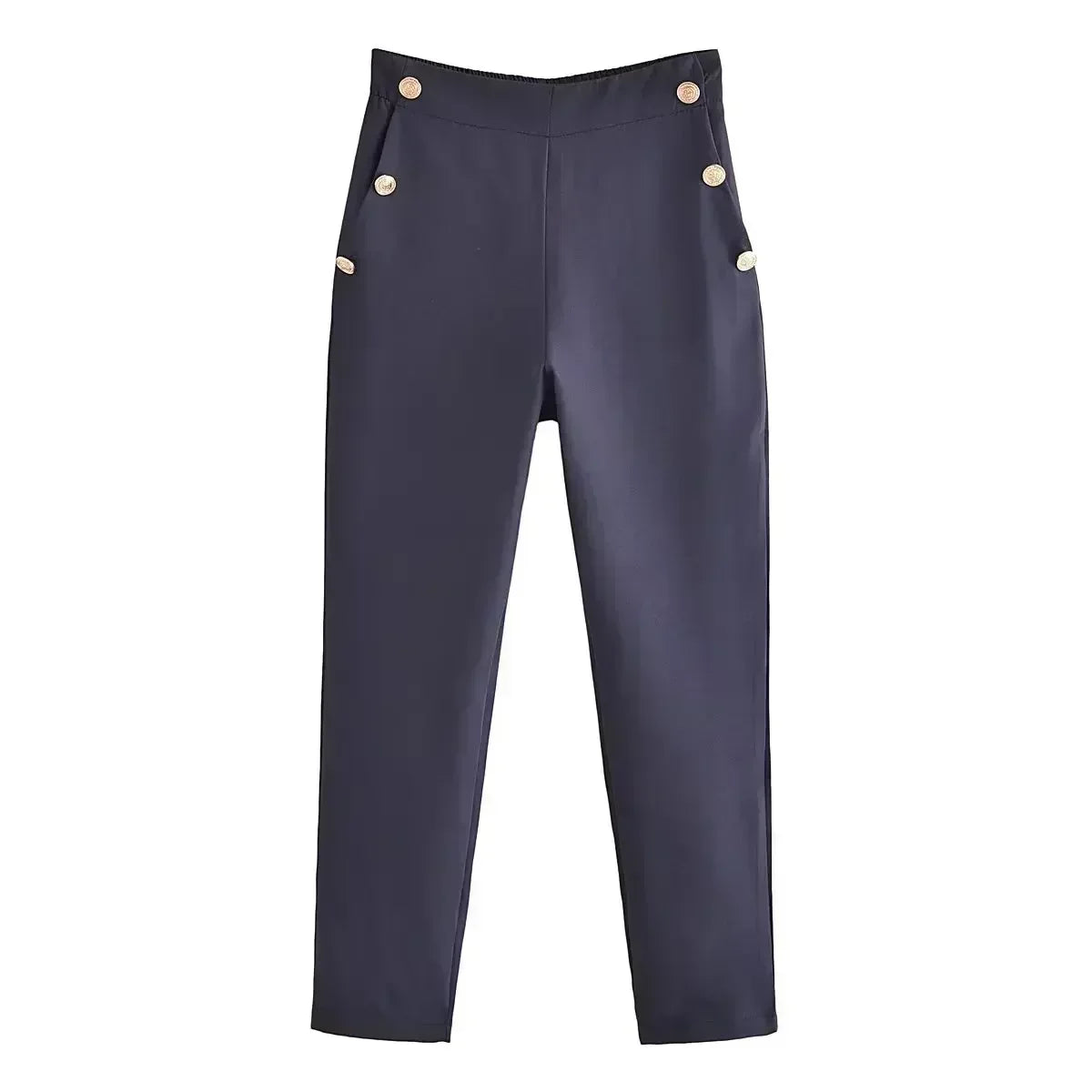 Women New Fashion Breastplate decoration Solid Casual straight Pants Vintage High Waist Side Pockets Female Trousers Mujer
