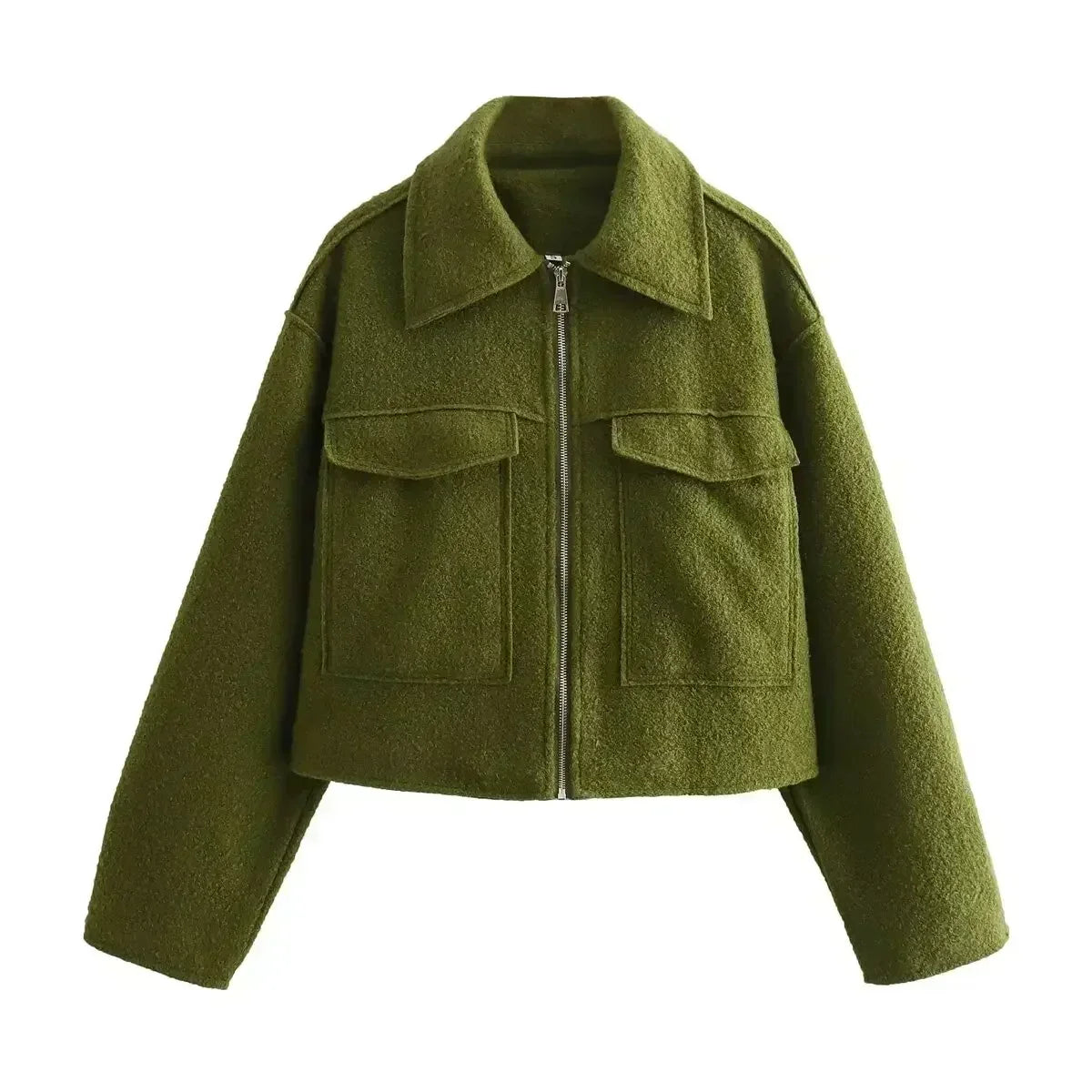 Women's 2024 New Fashion Flip Pocket Decoration Short Casual Woolen Jacket Coat Vintage Long Sleeve Zipper Women's Coat Chic Top