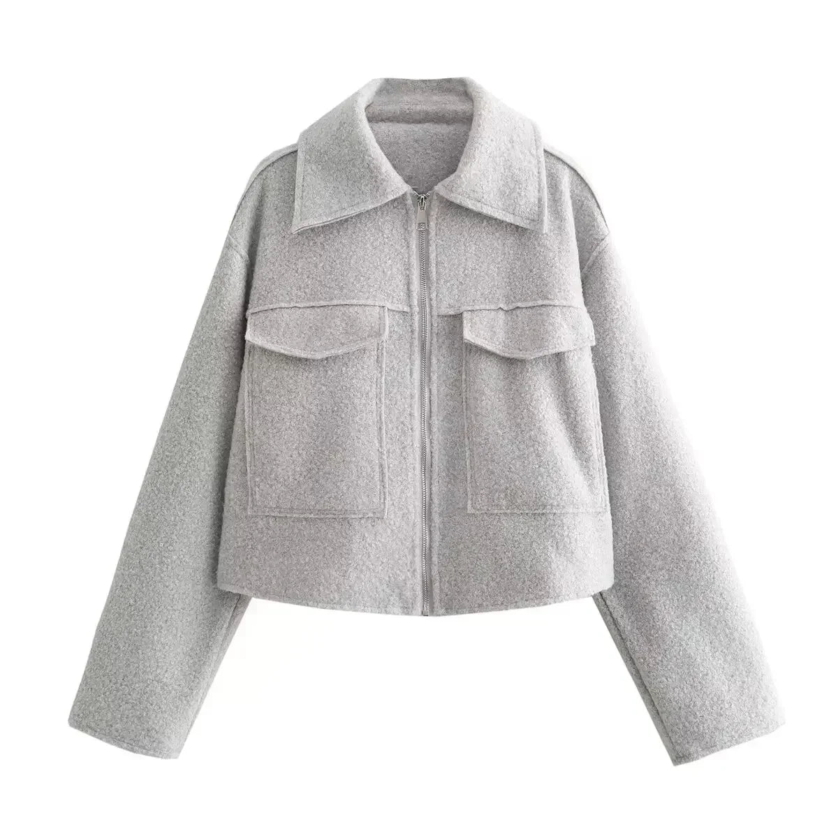 Women's 2024 New Fashion Flip Pocket Decoration Short Casual Woolen Jacket Coat Vintage Long Sleeve Zipper Women's Coat Chic Top