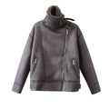 Women's new fashion belt decoration casual heavy industry Fur Faux Leather jacket retro long sleeved zipper Female Coat chic top