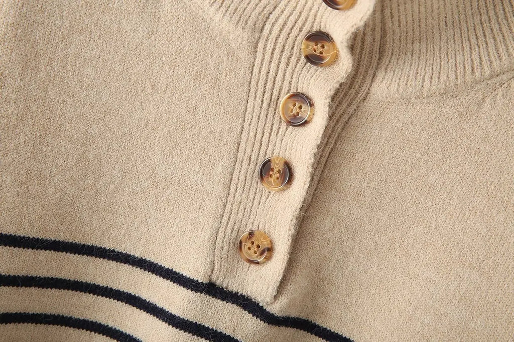 Women's new fashion button decoration casual stand collar striped knitted sweater retro long sleeved women's pullover chic top