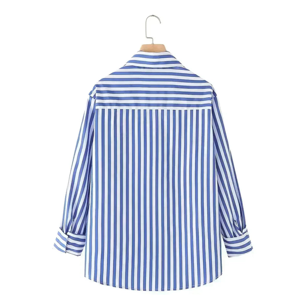 Women's 2024 New Fashion Loose Basic Style Striped Poplin Women's Shirt Retro Long sleeved Button up Women's Shirt Top