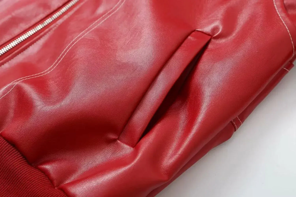 Women's new Fashion loose casual versatile retro imitation leather jacket coat long sleeved side pocket women's coat chic top
