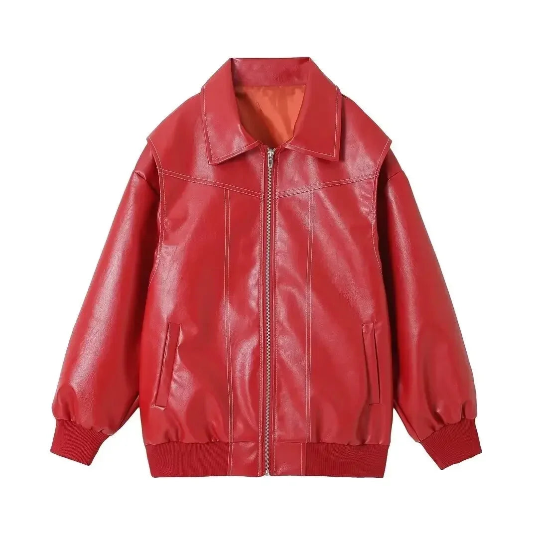 Women's new Fashion loose casual versatile retro imitation leather jacket coat long sleeved side pocket women's coat chic top