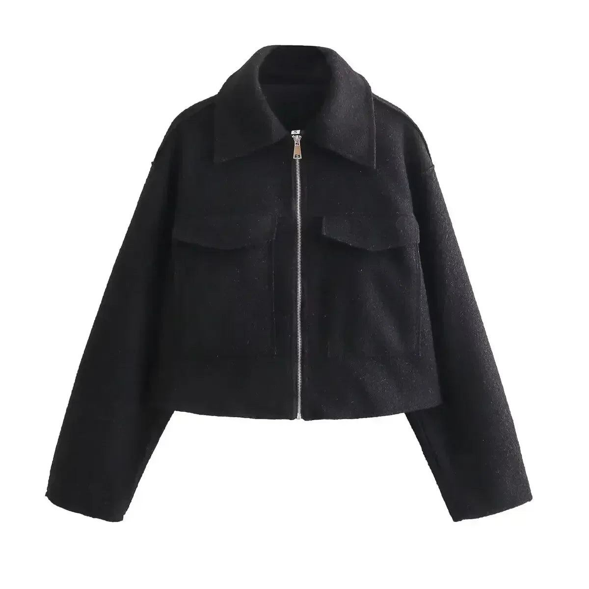 Women's 2024 New Fashion Flip Pocket Decoration Short Casual Woolen Jacket Coat Vintage Long Sleeve Zipper Women's Coat Chic Top