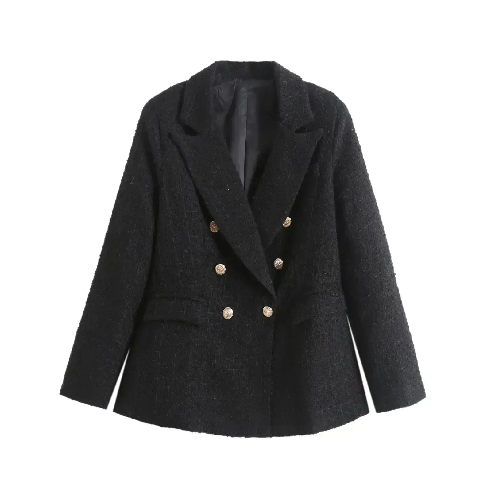 Women 2022 New Fashion Double Breasted Tweed Blazer Coat Vintage Long Sleeve Pockets Female Outerwear Chic