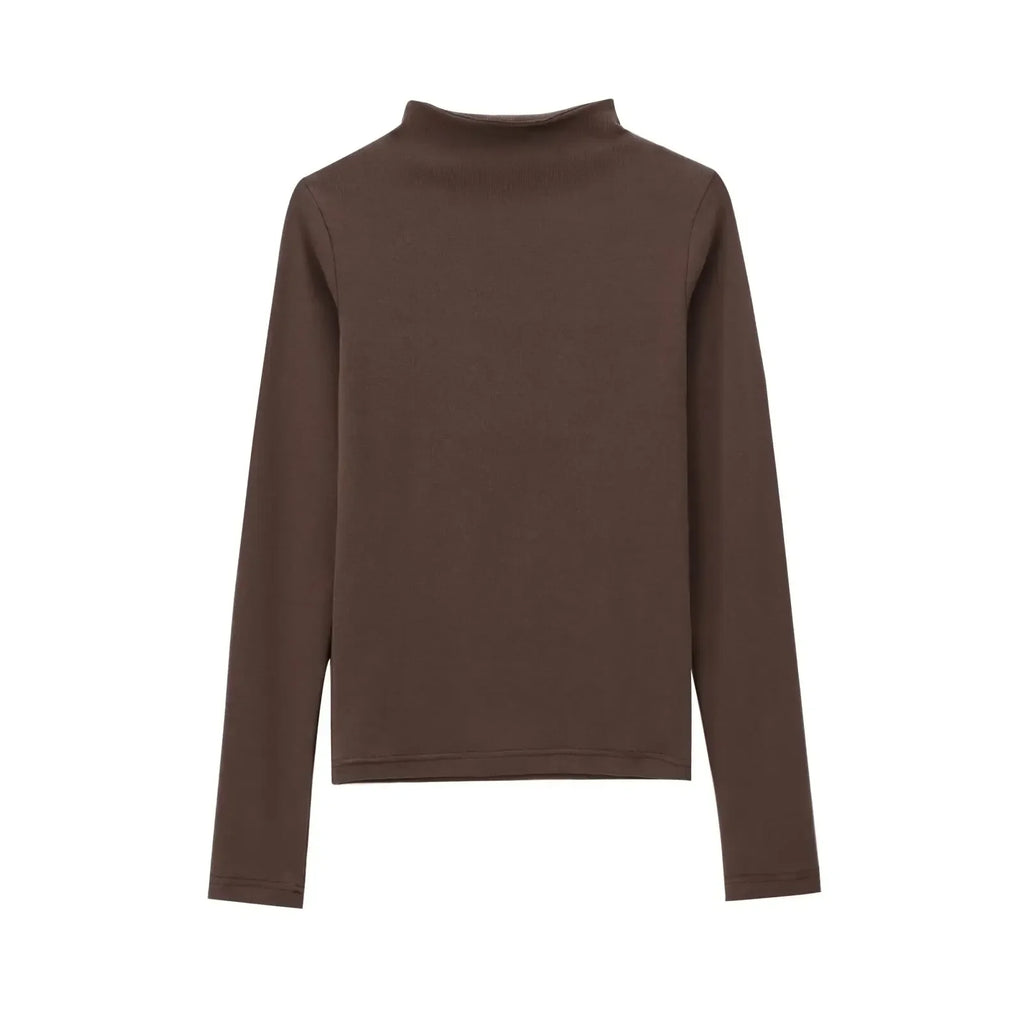 Women's new fashion elastic slim versatile cotton T-shirt top retro half high neck long sleeved women's pullover shirt chic top