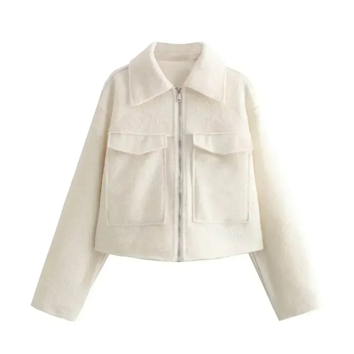 Women's 2024 New Fashion Flip Pocket Decoration Short Casual Woolen Jacket Coat Vintage Long Sleeve Zipper Women's Coat Chic Top