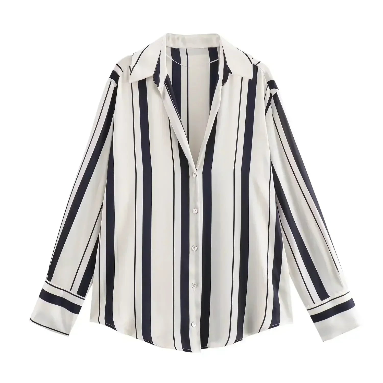 Women's new fashion loose printed striped shirt casual single breasted satin shirt retro long sleeved women's shirt chic top