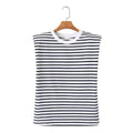 Women's New Fashion Shoulder Cushion Design Loose O Neck Casual Stripe T-shirt Top Retro Sleeveless Women's T-shirt