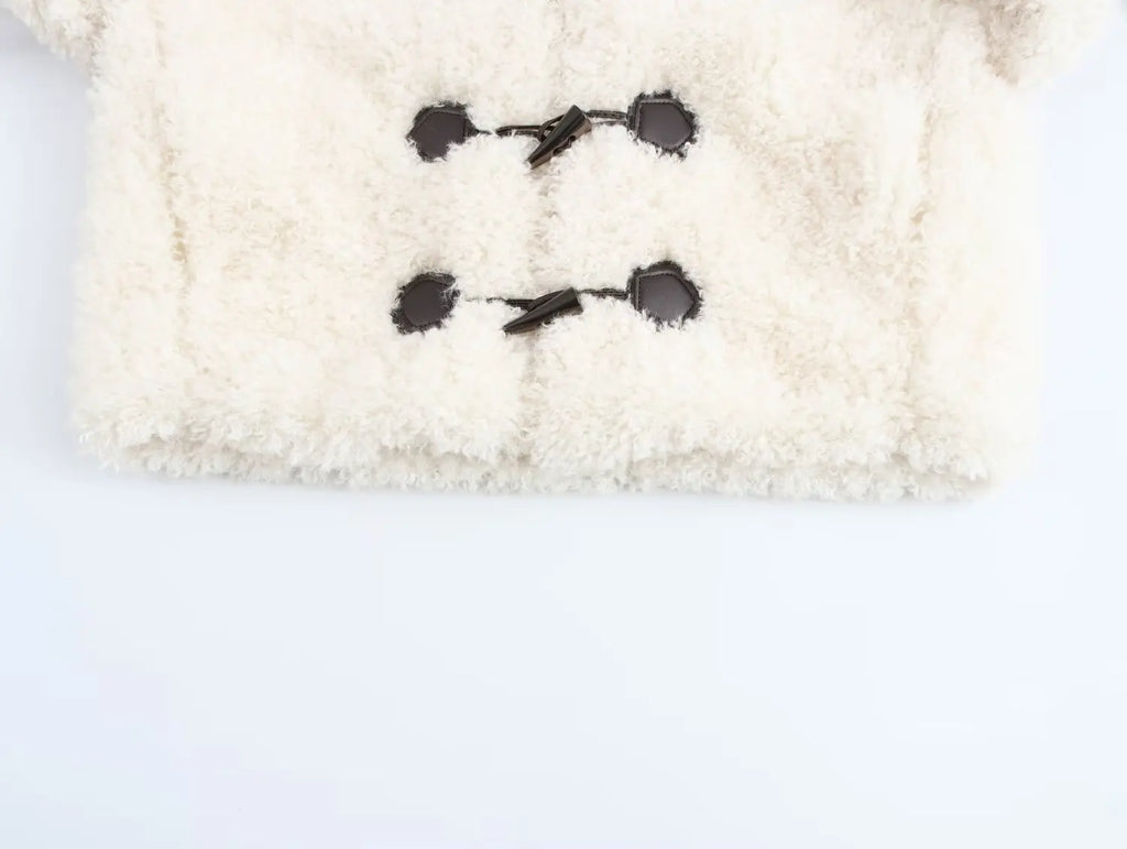 Women's winter fashion Knot button decoration short artificial fur effect hooded coat retro long sleeved women's coat chic top