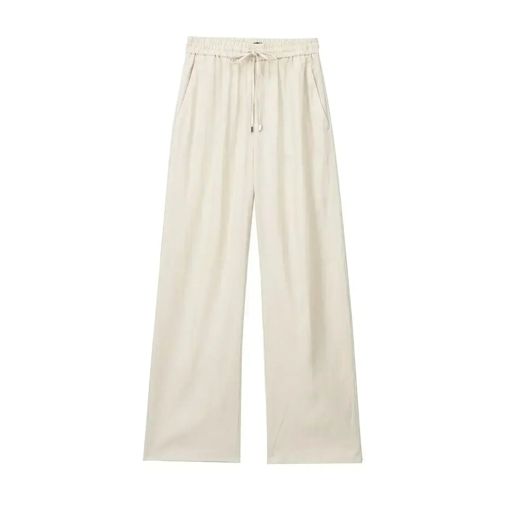 Women's New Chic Fashion Loose Side Pocket Linen Blended Wide Leg Pants Retro Elastic Waist Drawstring Women's Pants Mujer