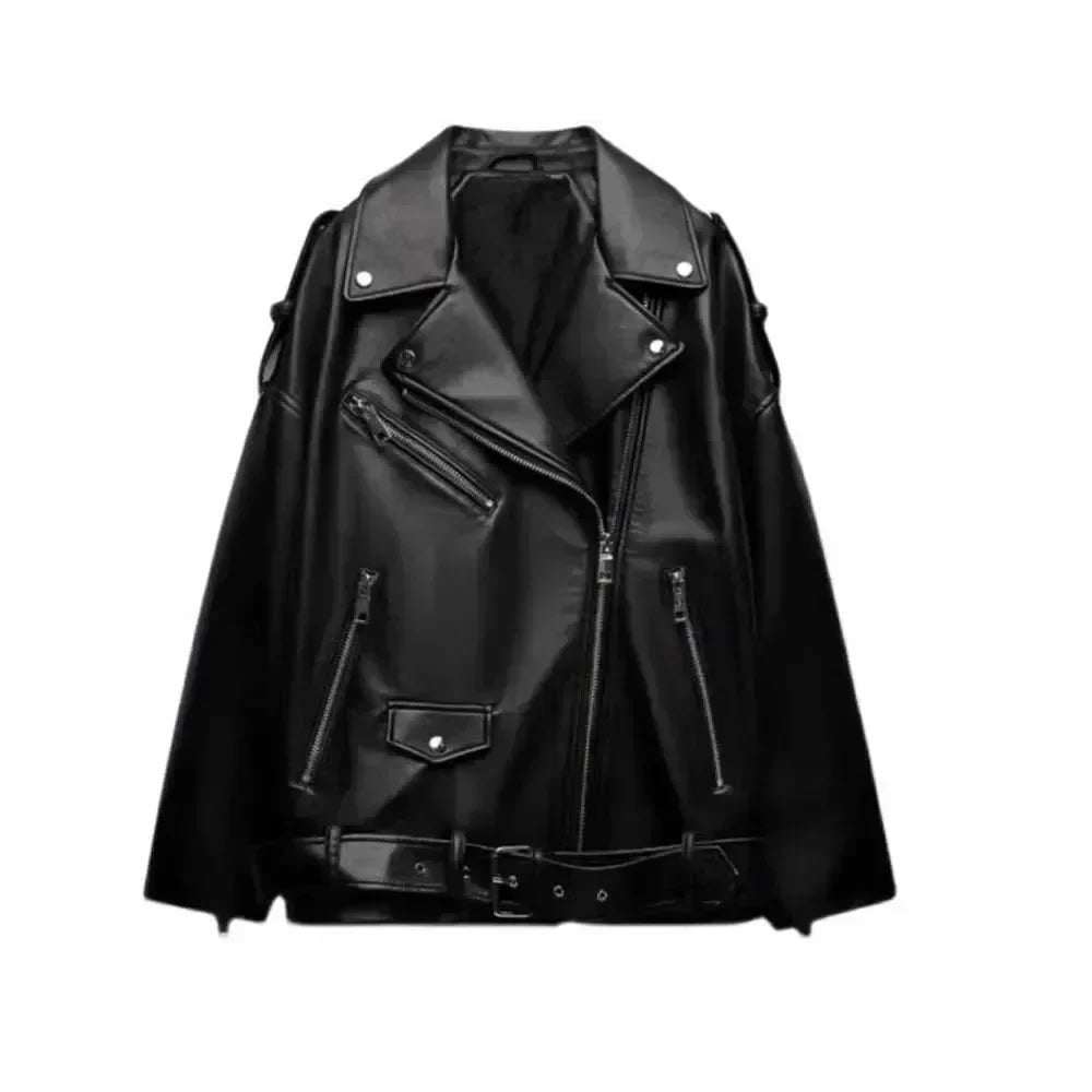 Women 2025 Autumn New Fashion Imitation Leather Loose Jacket Coat Vintage Long Sleeve Zipper Female Outerwear Chic Tops