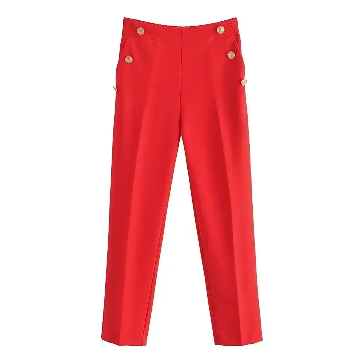 Women New Fashion Breastplate decoration Solid Casual straight Pants Vintage High Waist Side Pockets Female Trousers Mujer