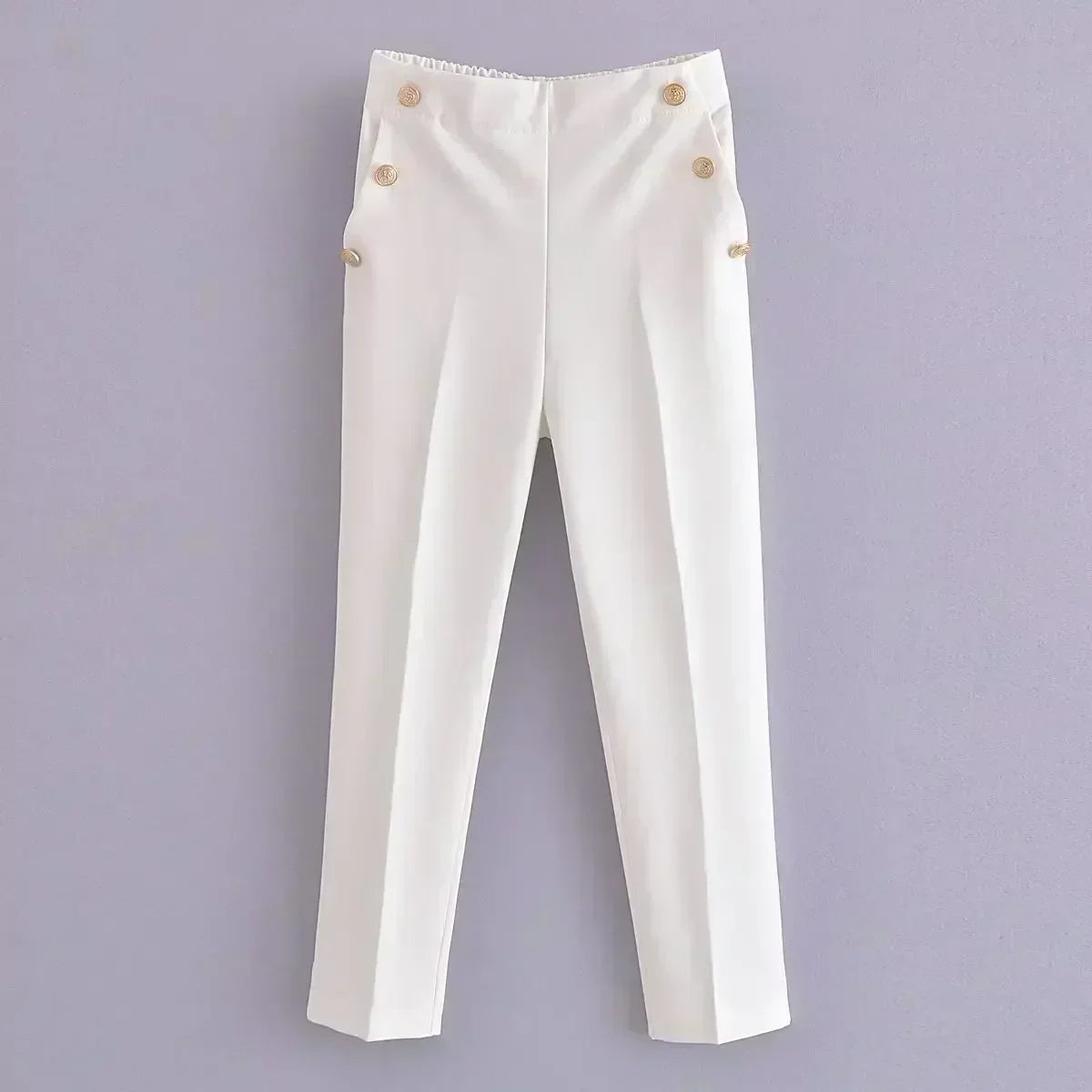 Women New Fashion Breastplate decoration Solid Casual straight Pants Vintage High Waist Side Pockets Female Trousers Mujer