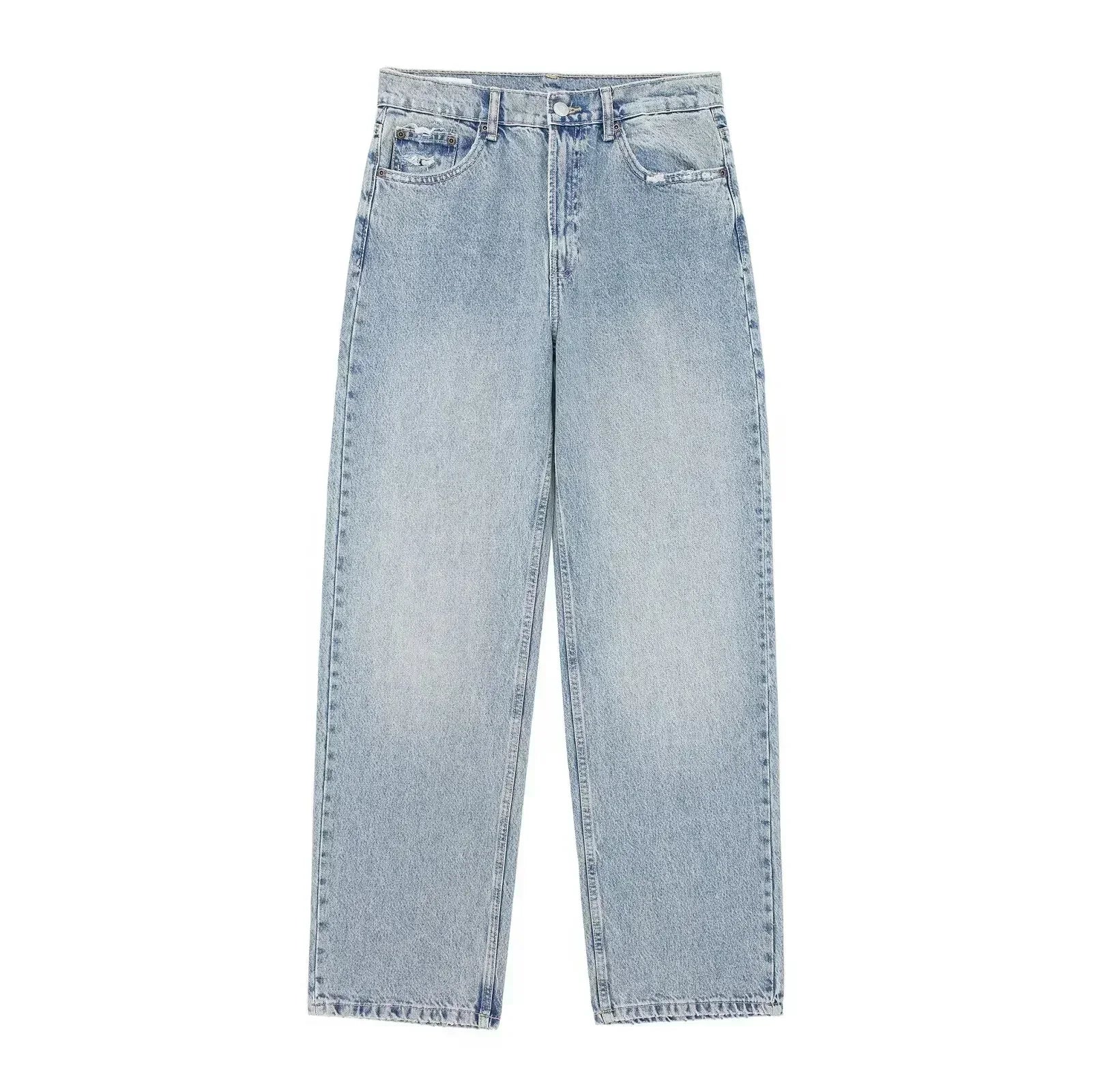 Women's 2024 New Fashion Hole Decoration Loose Side Pocket Casual Jeans Retro High Waist Zipper Women's Denim Pants Mujer