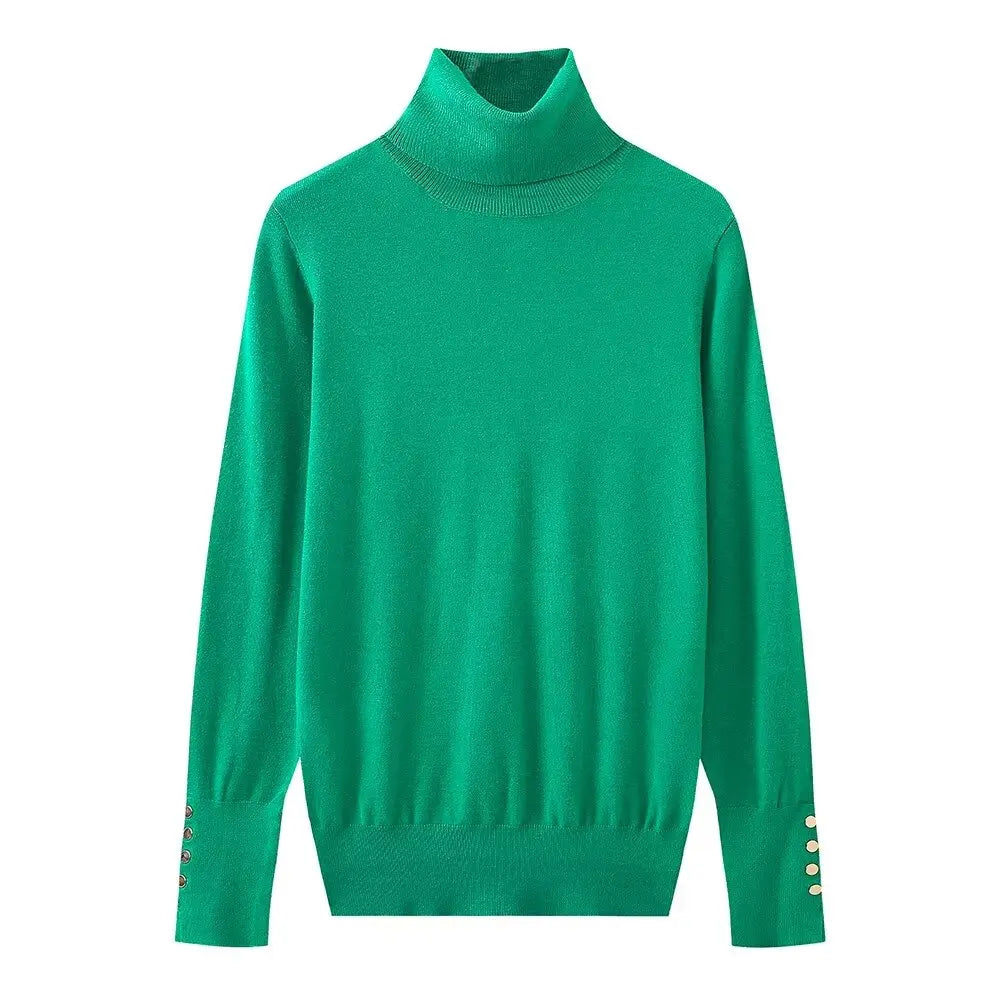 Women's new fashion Cuff button decoration casual versatile basic style knitted top retro high neck women's pullover chic top