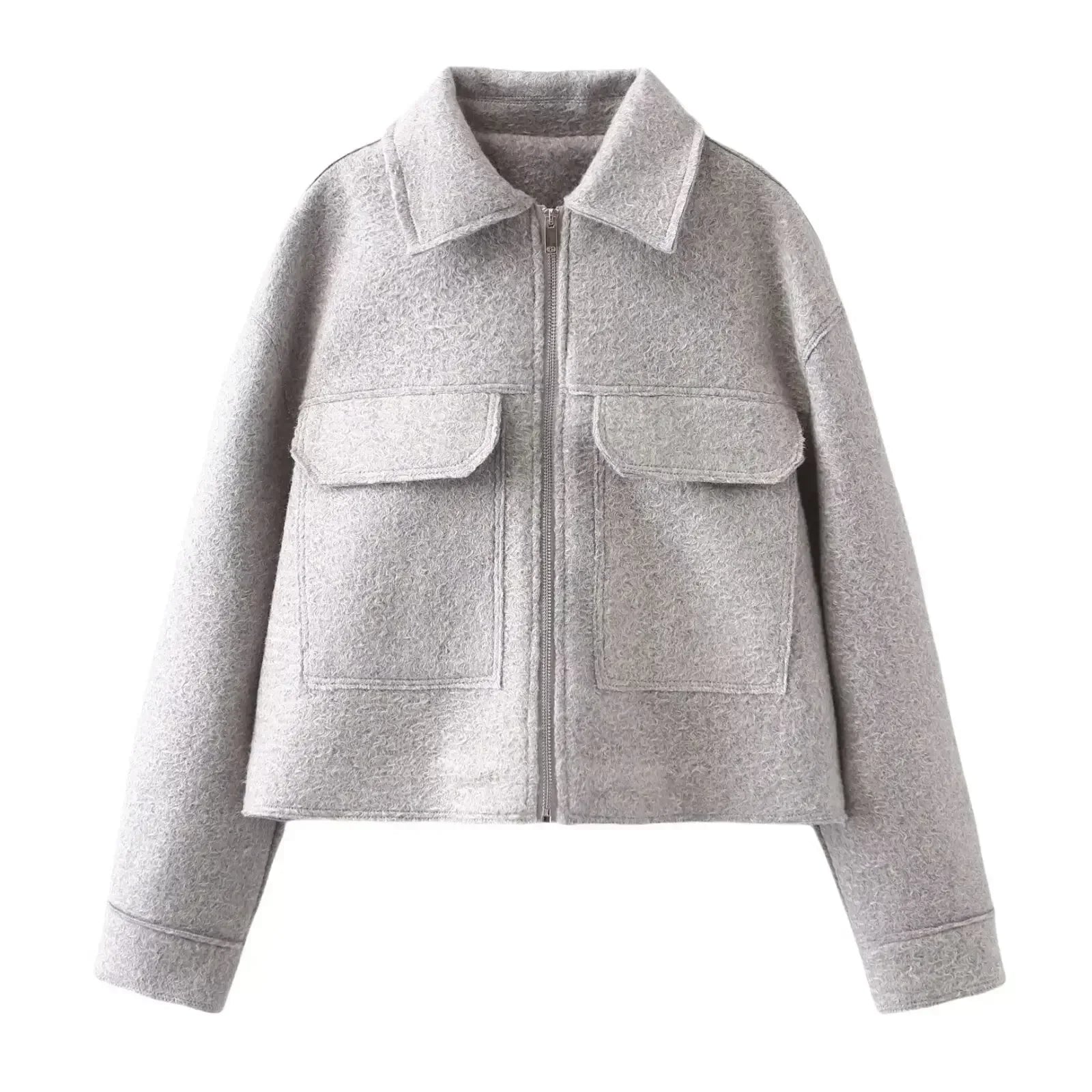 Women's new fashion flip pocket decoration casual short lapel Woolen jacket coat retro long sleeved zipper women's coat chic top
