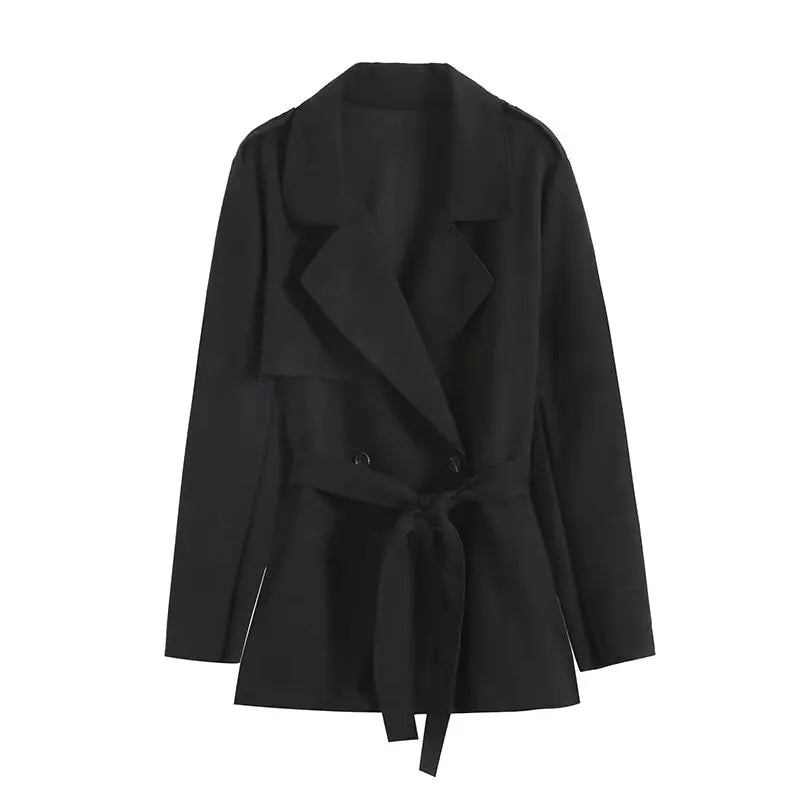 Women's new fashion with belt loose suede effect double breasted lapel coat retro long sleeved side pocket women's coat chic top
