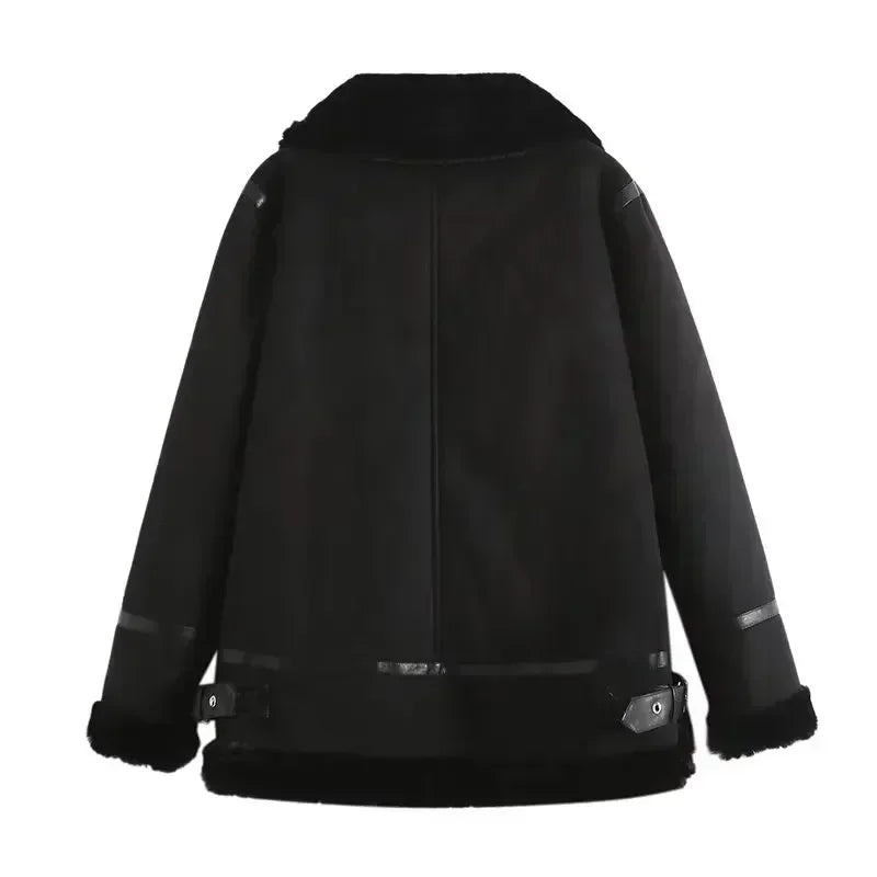 Women's 2023 Fashion Thick Winter Warm Loose Fur All-in-One Jacket Retro Long Sleeve Zipper Female Outerwear Chic Top Muje
