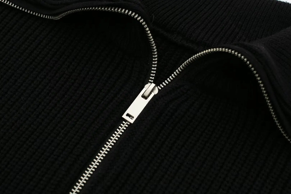 Women's New Fashion Zipper Decoration Casual Wool Blended Striped Knitted Sweater Retro Long Sleeve Women's Pullovers Chic Top