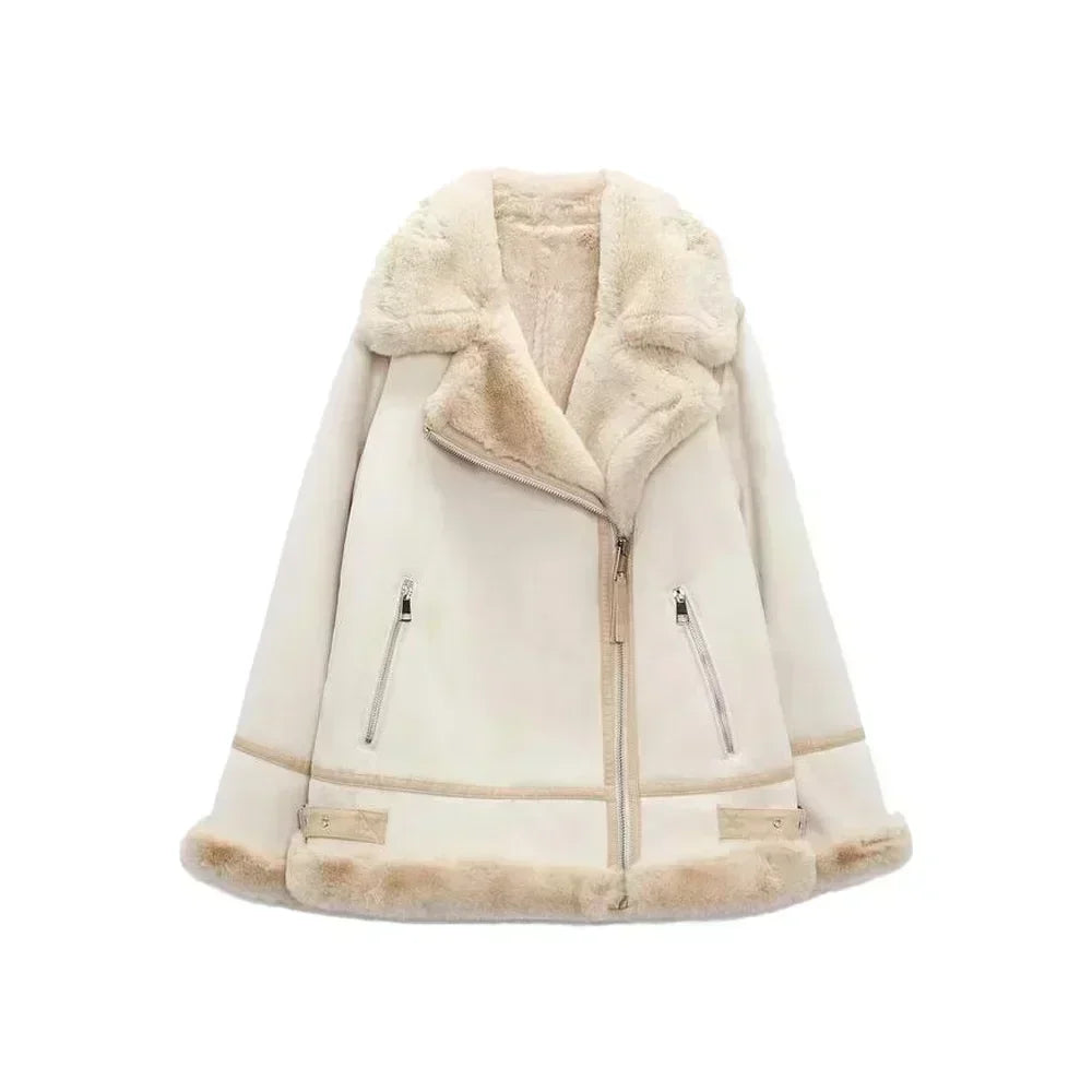 Women's 2023 Fashion Thick Winter Warm Loose Fur All-in-One Jacket Retro Long Sleeve Zipper Female Outerwear Chic Top Muje