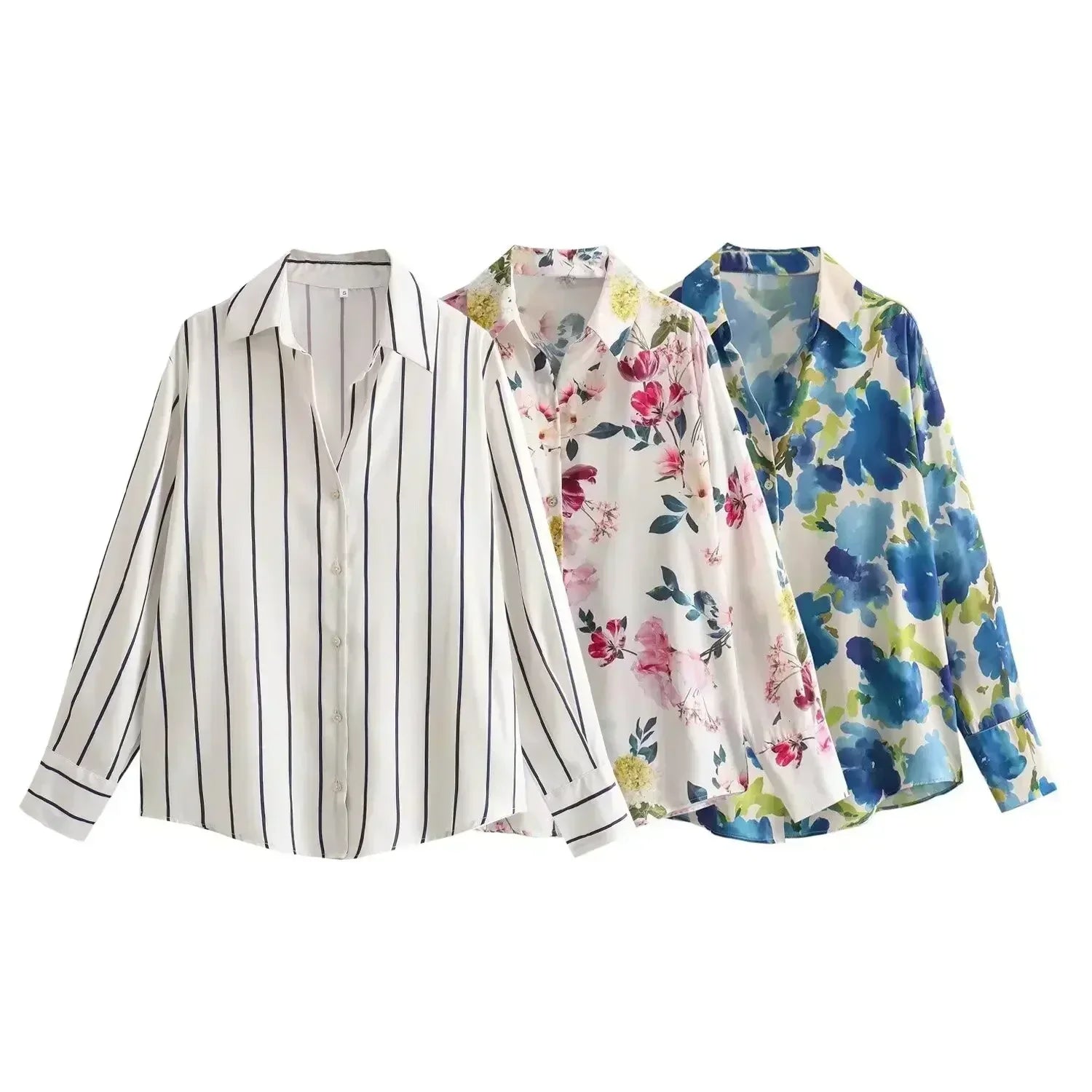 Women's new fashion loose satin texture shirt casual floral print shirt retro long sleeved Button up women's shirt chic top