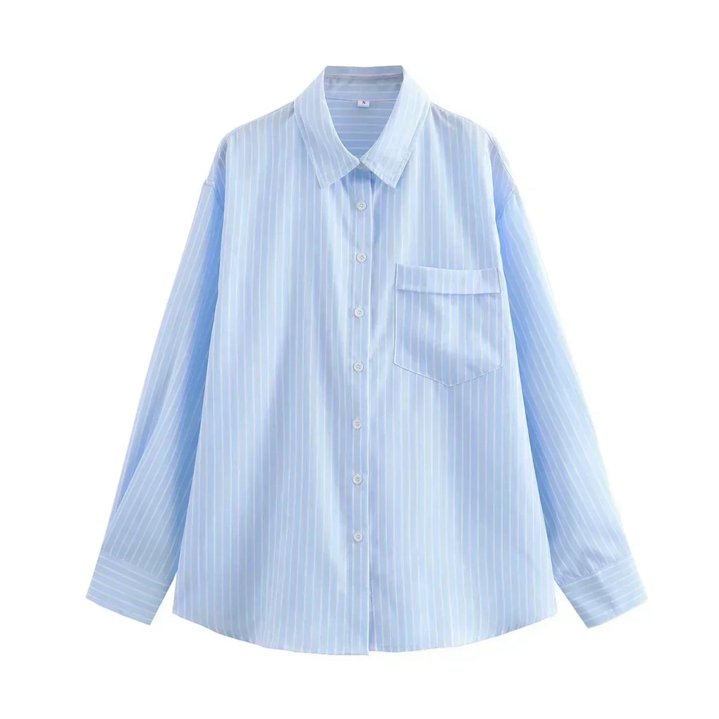 Women's 2024 New Fashion Pocket Decoration Loose Versatile Striped Shirt Retro Long sleeved Button up Women's Shirt Unique Top