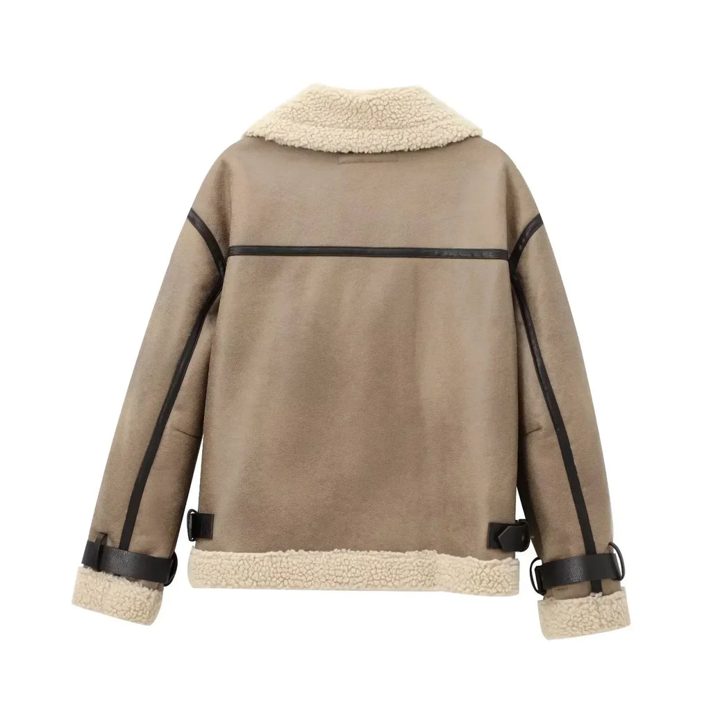 Women's 2024 new fashion casual double-sided Fur Faux Leather jacket coat retro long sleeved zipper pocket women's coat chic top