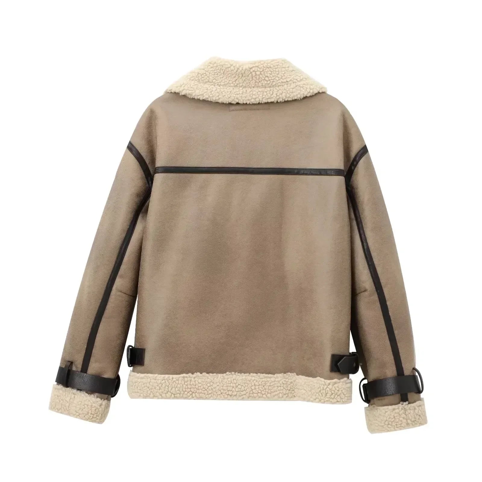 Women's 2024 new fashion casual double-sided Fur Faux Leather jacket coat retro long sleeved zipper pocket women's coat chic top