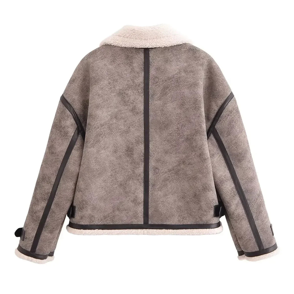 Women's Winter Fashion Casual Side Pocket Short Warm Fur Faux Leather Jacket Coat Retro Long Sleeve Zipper Women's Coat Chic Top