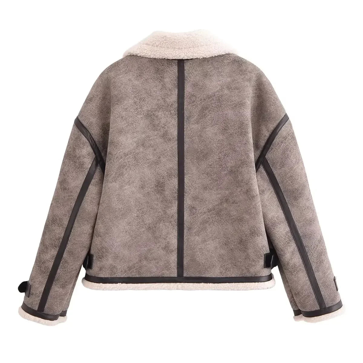 Women's Winter Fashion Casual Side Pocket Short Warm Fur Faux Leather Jacket Coat Retro Long Sleeve Zipper Women's Coat Chic Top