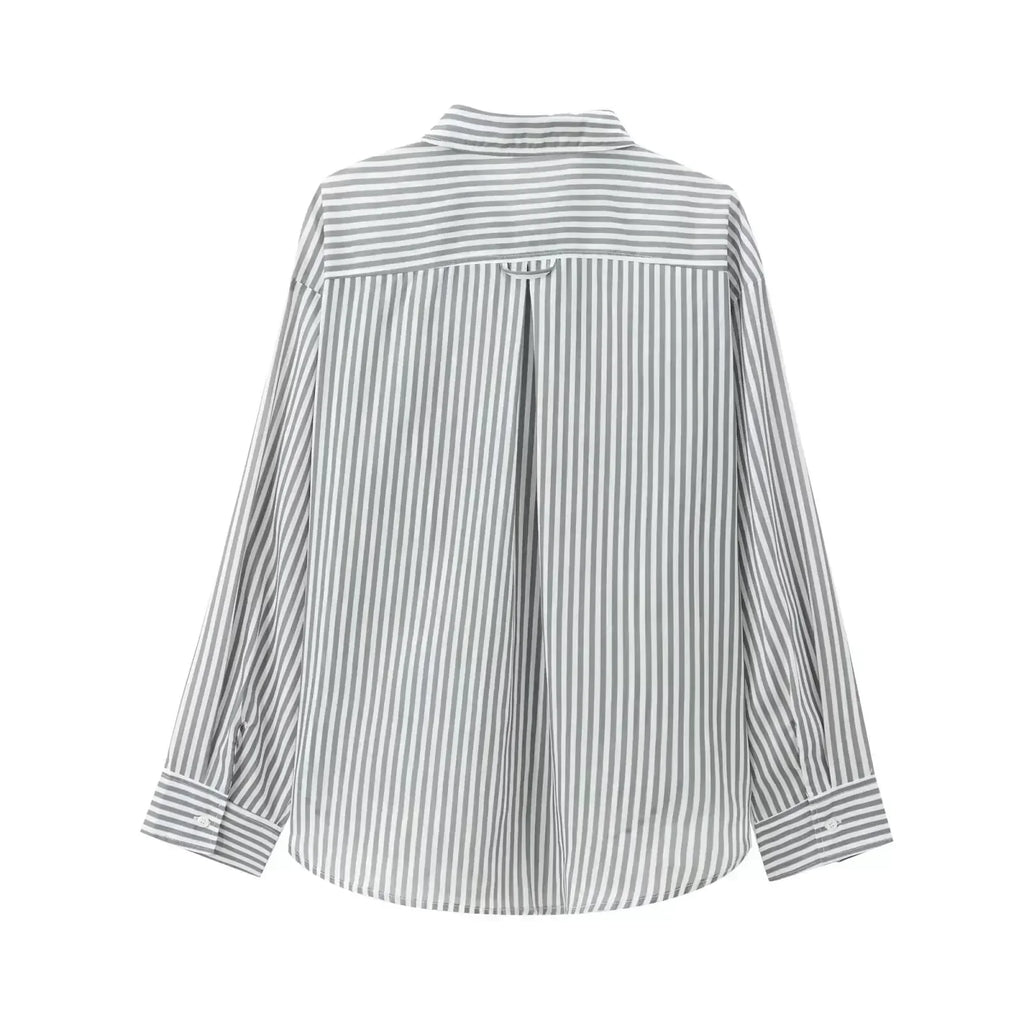 Women's 2024 new fashion pocket decoration loose striped asymmetrical shirt retro long sleeved button up women's shirt