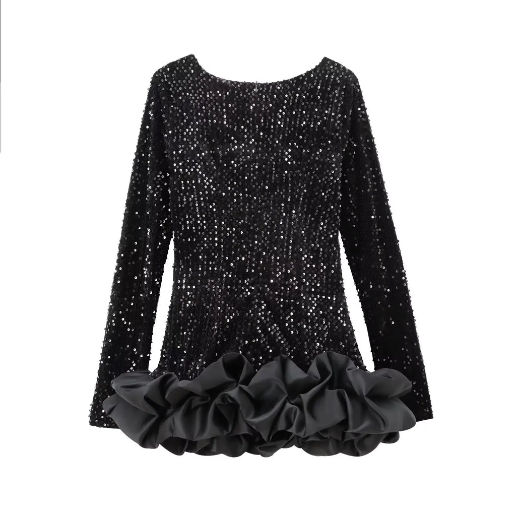 Women's new fashion layered hem design slim versatile sequin mini dress retro O-Neck long sleeved women's dress Mujer