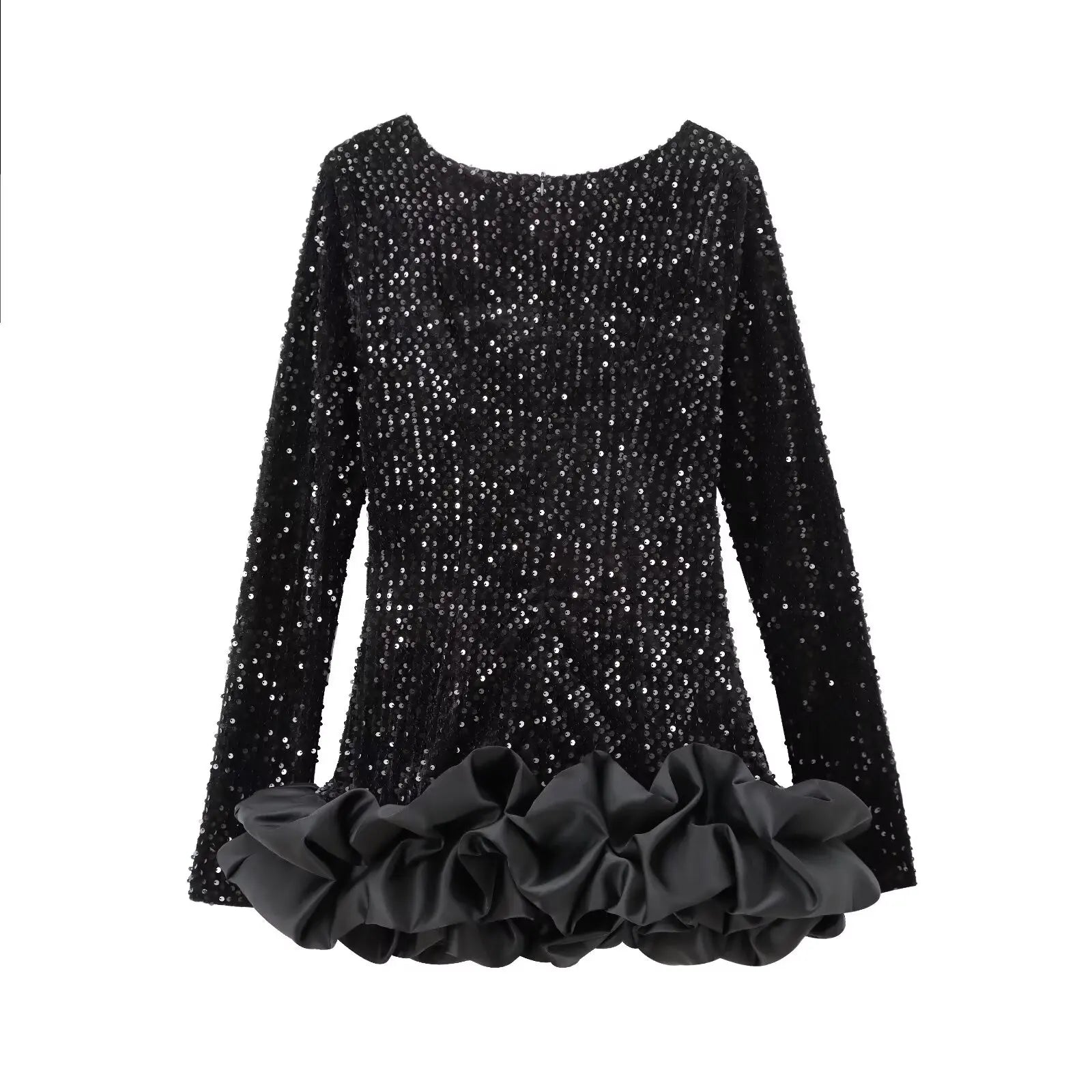 Women's new fashion layered hem design slim versatile sequin mini dress retro O-Neck long sleeved women's dress Mujer