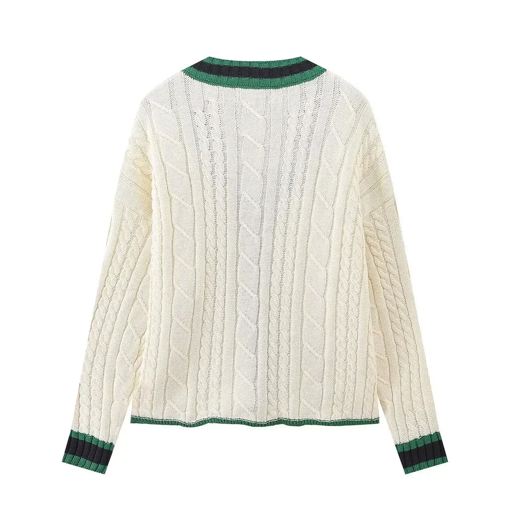 Women's new fashion loose single breasted V Neck contrasting striped knitted coat retro long sleeved pocket Female coat chic top