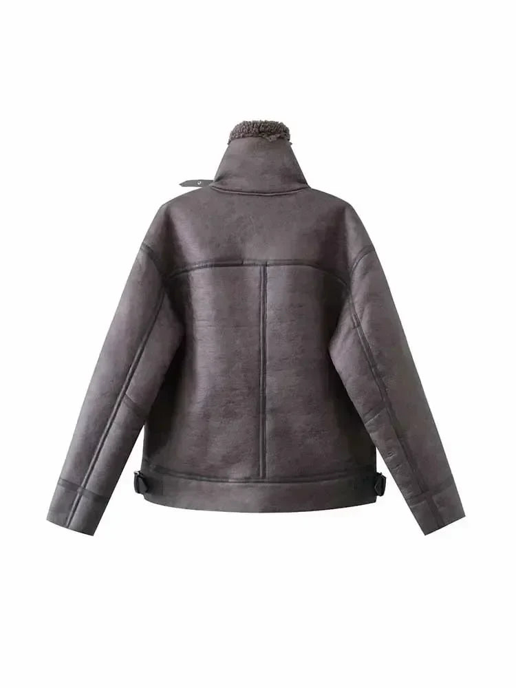 Women's new fashion belt decoration casual heavy industry Fur Faux Leather jacket retro long sleeved zipper Female Coat chic top