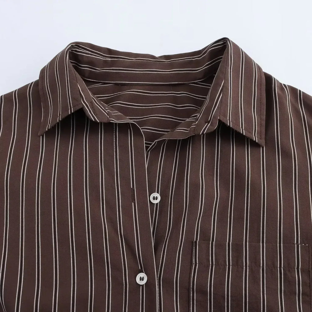 Women's new fashion pleated decoration loose single breasted casual striped shirt retro bat long sleeved women's shirt chic top