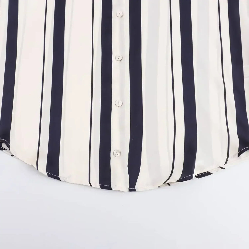 Women's new fashion loose printed striped shirt casual single breasted satin shirt retro long sleeved women's shirt chic top