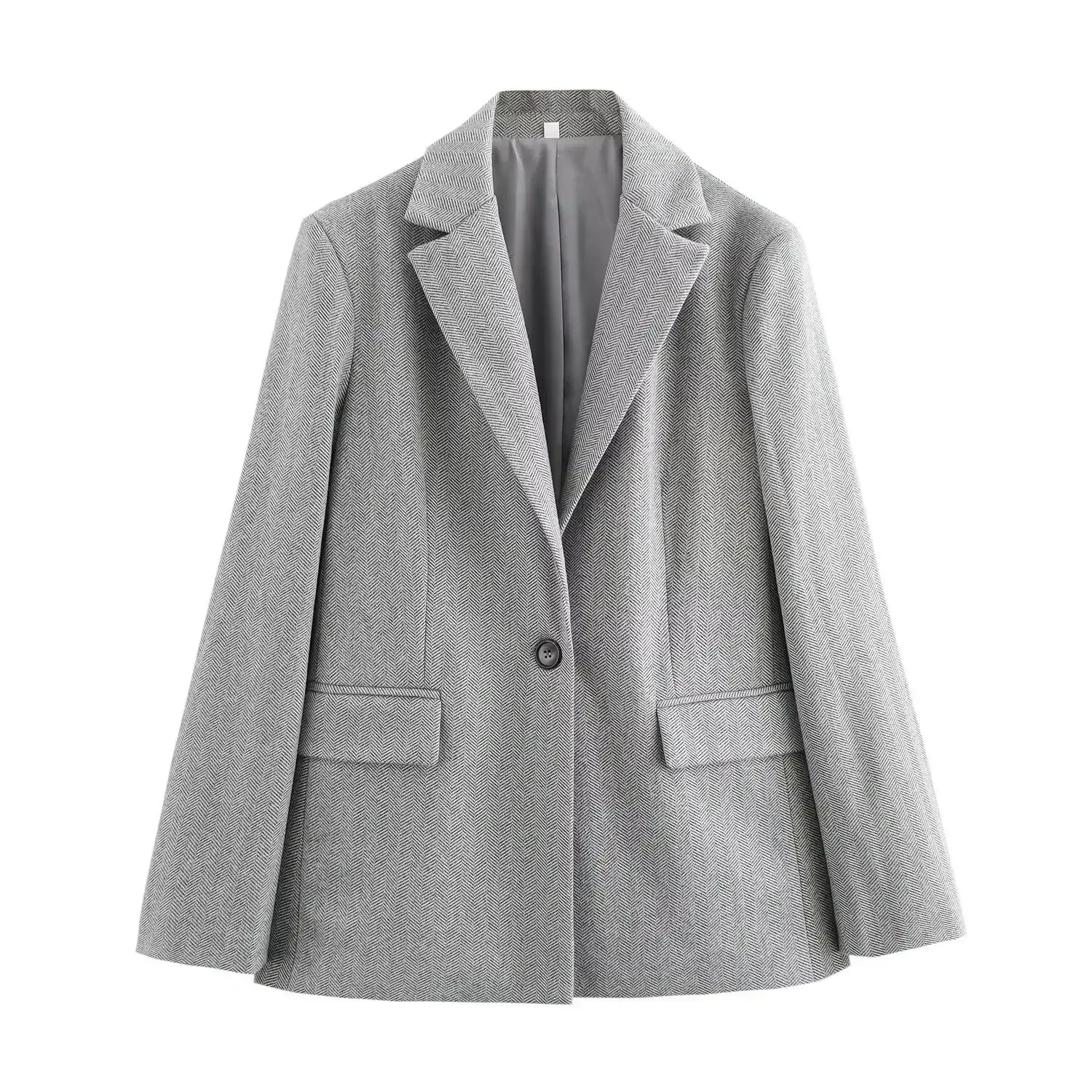 Ladies' 2024 new fashion flip decoration loose herringbone diagonal suit coat retro long sleeved button up women's coat chic top