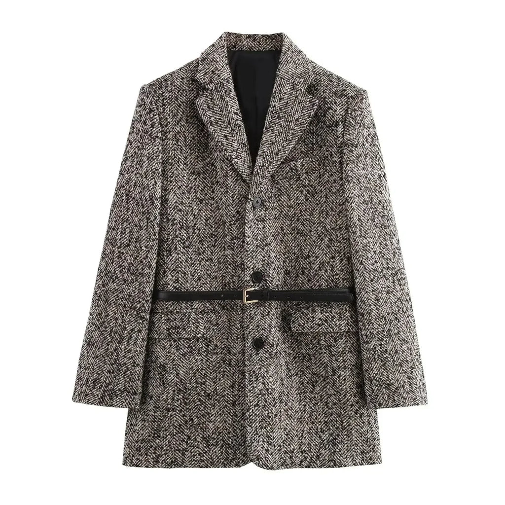 Ladies' new fashion with Belt flap pocket decoration loose striped suit coat retro long sleeved button up women's coat chic top