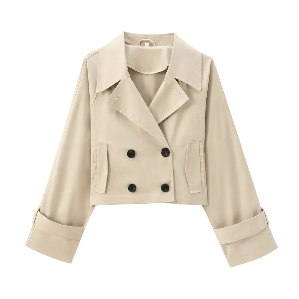 Women's new fashion short windbreaker style casual double breasted jacket coat retro long sleeved pocket women's coat chic top